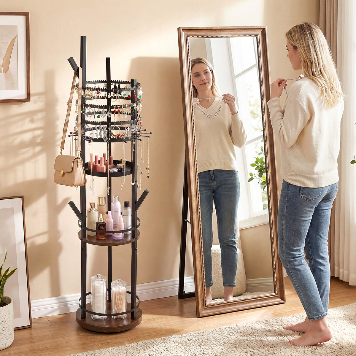 Jewelry Organizer Stand 360° Rotating Floor Jewelry Storage Rack Free Standing Jewelry Display Tower-Rustic Brown