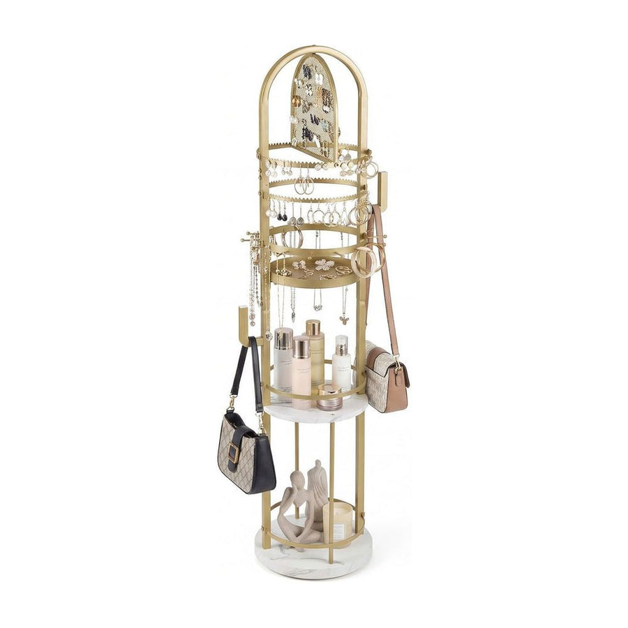 Jewelry Organizer Stand 360° Rotating Floor Jewelry Storage Rack with Earring Necklace Holders-White and Golden