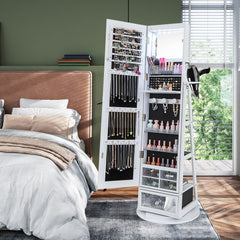 360° Swivel Lockable Jewelry Armoire Cabinet with Full-Length Mirror-White