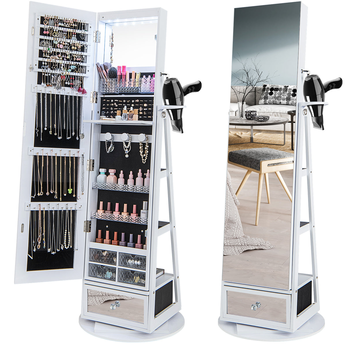 360° Swivel Lockable Jewelry Armoire Cabinet with Full-Length Mirror-White
