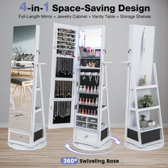 360° Swivel Lockable Jewelry Armoire Cabinet with Full-Length Mirror-White