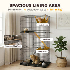 PawHut 3-Tier Large Cat Cage Indoor, Detachable Metal Wire Kennel with Hammock, Platforms, Tray and Cushions for 1-2 Kittens