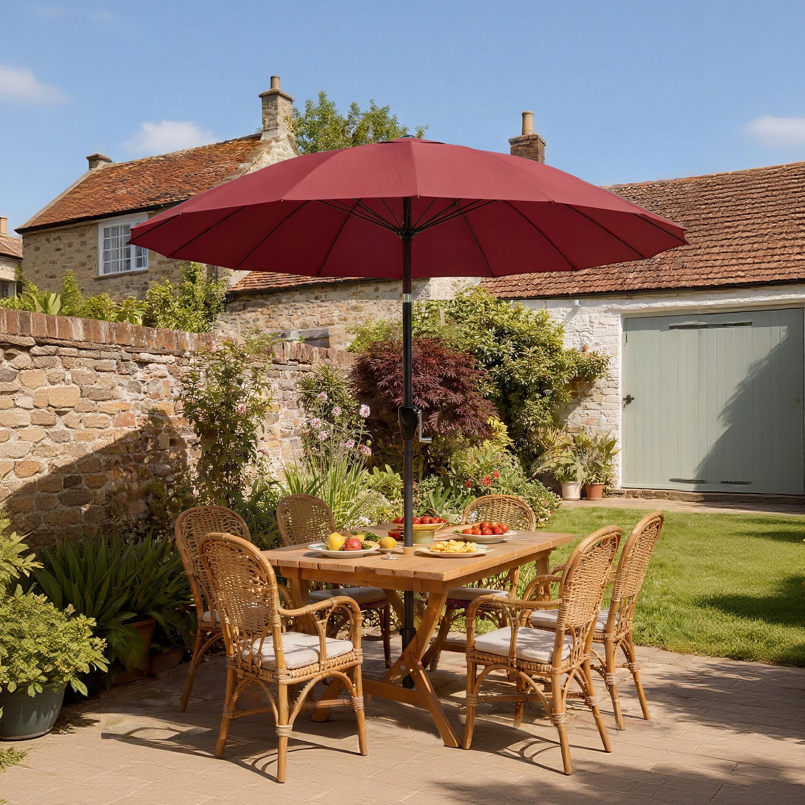 Outsunny 2 m Shanghai Garden Parasol Umbrella with 16 Fibreglass Ribs, Outdoor Parasol Sun Shade with Crank & Tilt, Wine Red