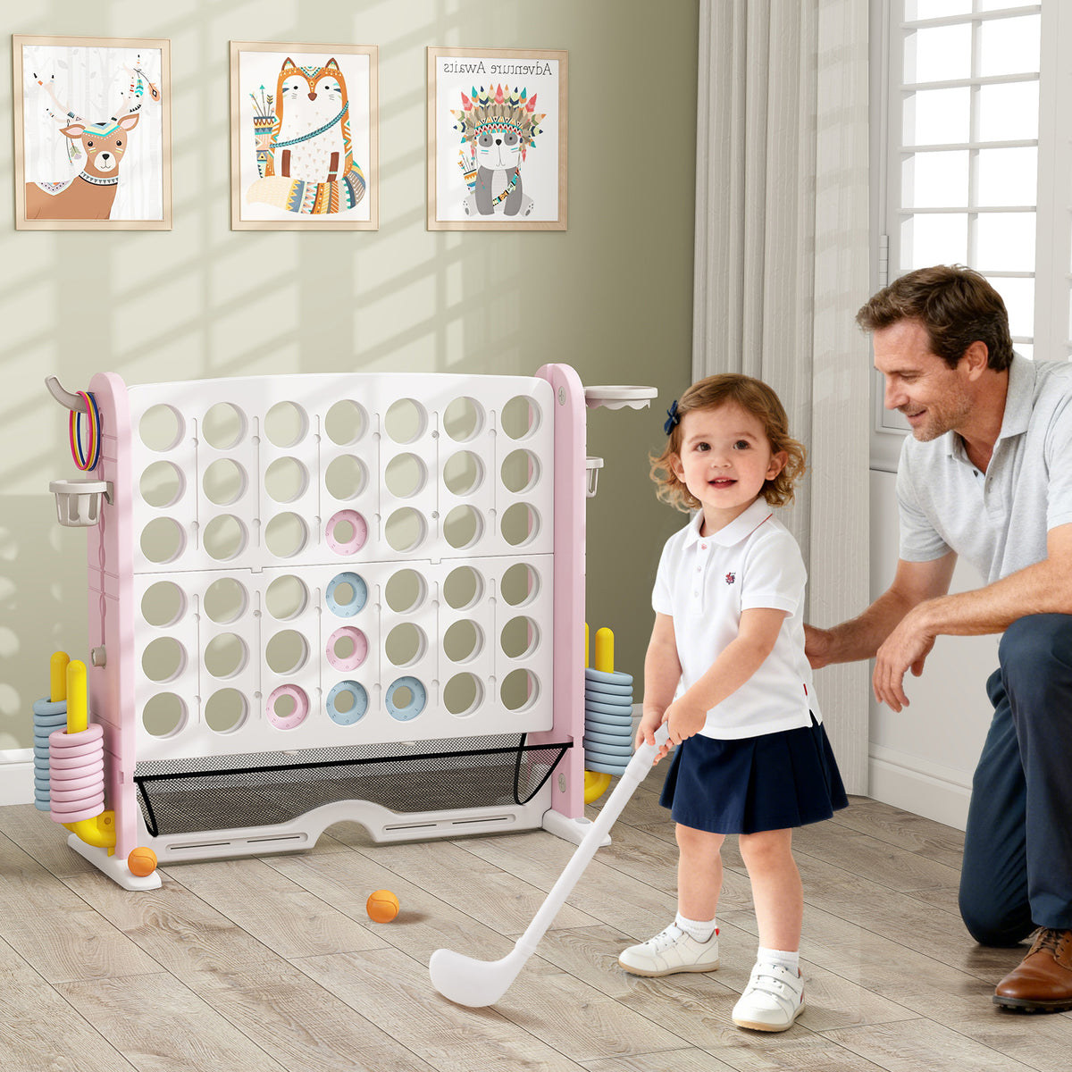 Jumbo 4-in-a Row Game Set with Basketball Hoop and 42 Rings-Pink & White
