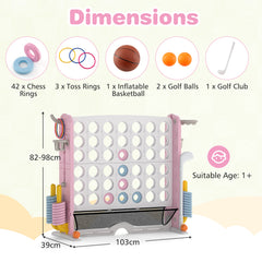 Jumbo 4-in-a Row Game Set with Basketball Hoop and 42 Rings-Pink & White