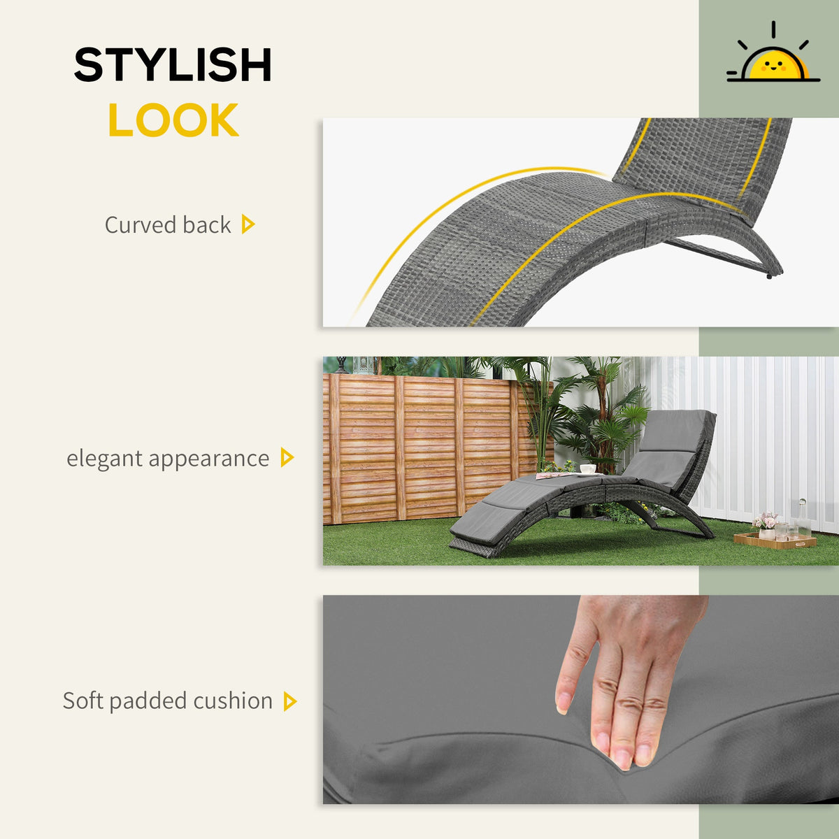 Outsunny Outdoor Foldable PE Rattan Sun Lounger with Soft Padded Cushion, Ergonomic Curved Design Sun Bed for Balcony