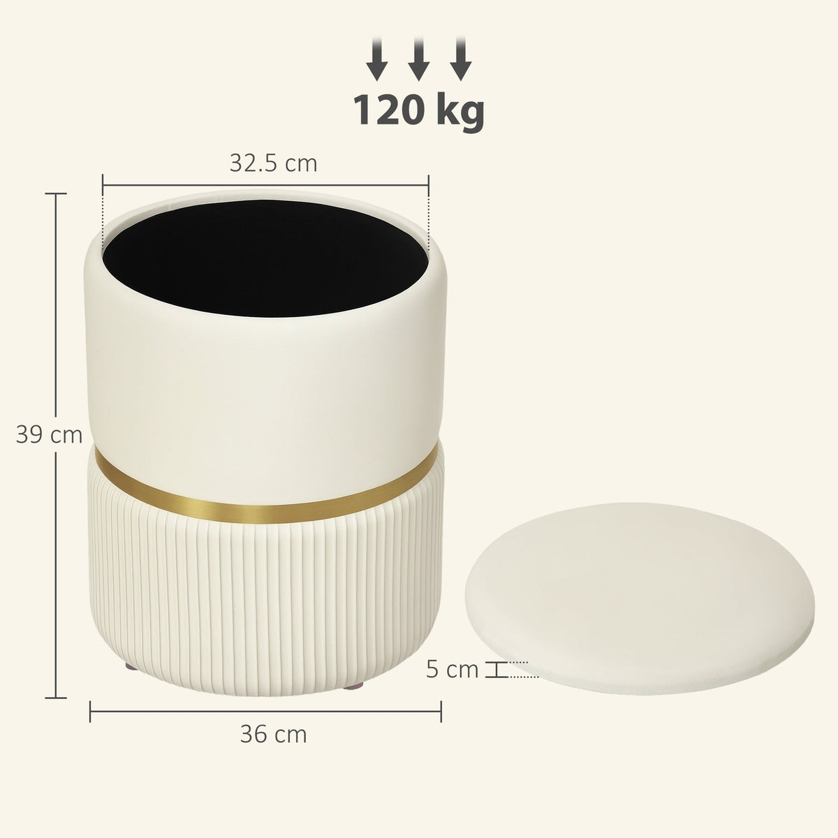 HOMCOM Round Storage Stool, Velvet-feel Fabric Upholstered Vanity Stool with Removable Top, Padded Seat and Hidden Space, Beige