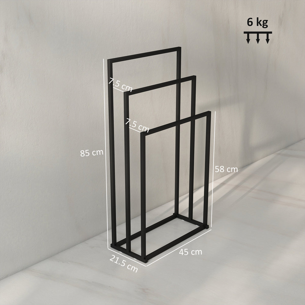 HOMCOM Freestanding Towel Rack, Steel Towel Rail Holder with 3 Bars, Black