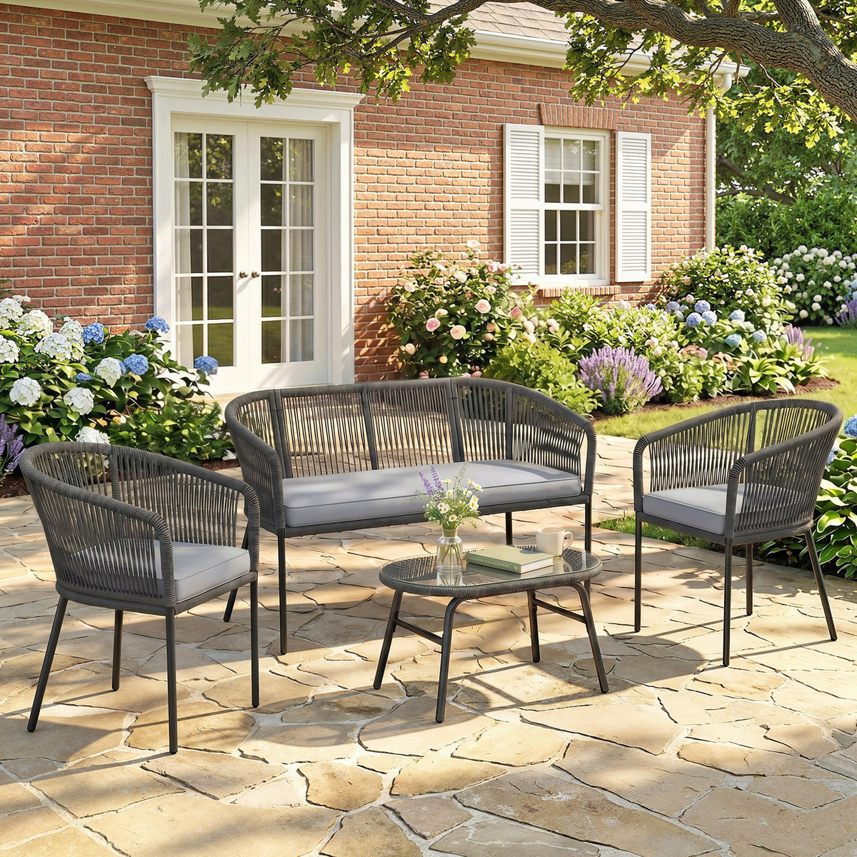 Outsunny 4 Piece Garden Furniture Set, Rope Garden Sofa Set with 1 Loveseat 2 Chairs Tempered Glass Table Cushions, Dark Grey
