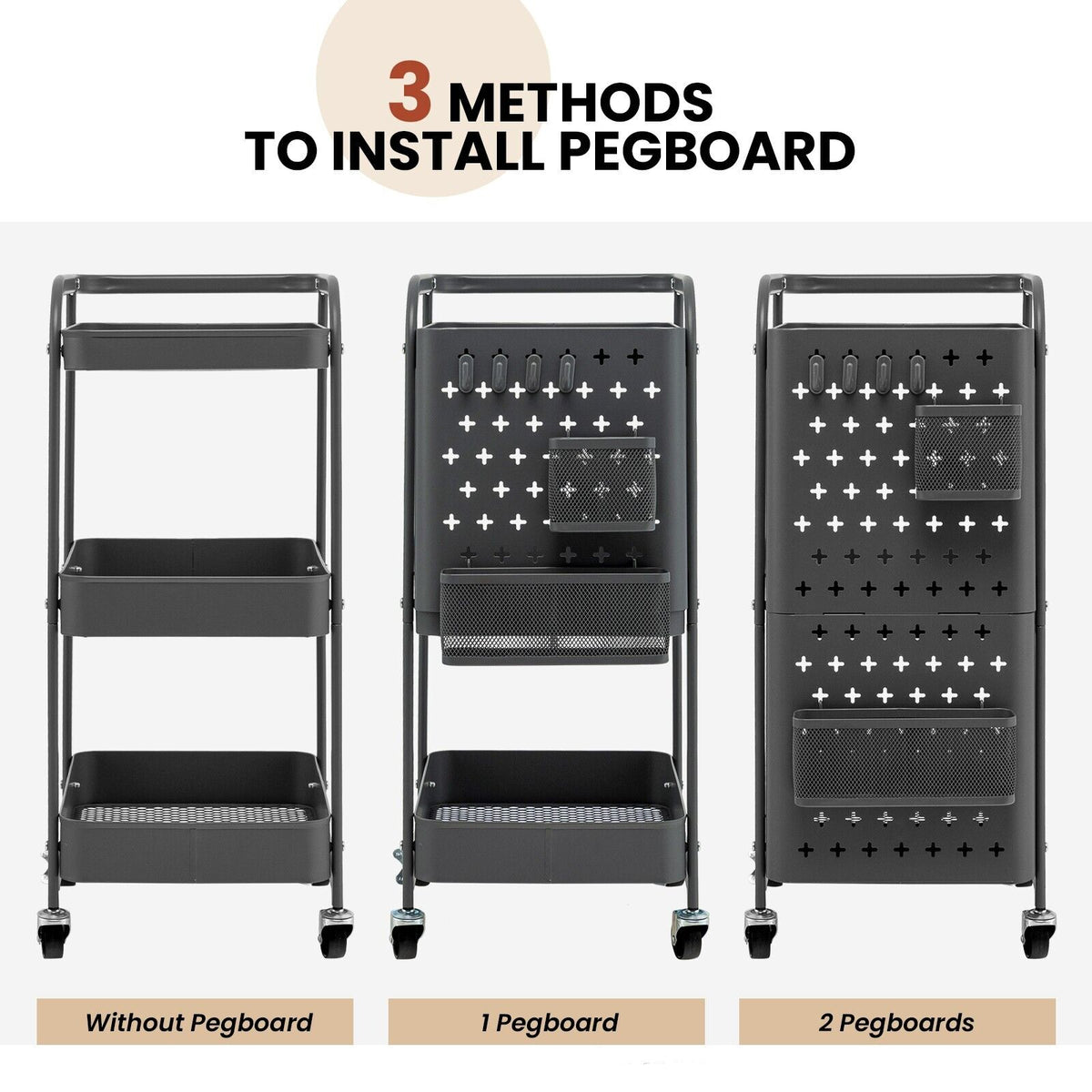 3-Tier Rolling Storage Organizer Cart with Dual DIY Pegboards-Gray