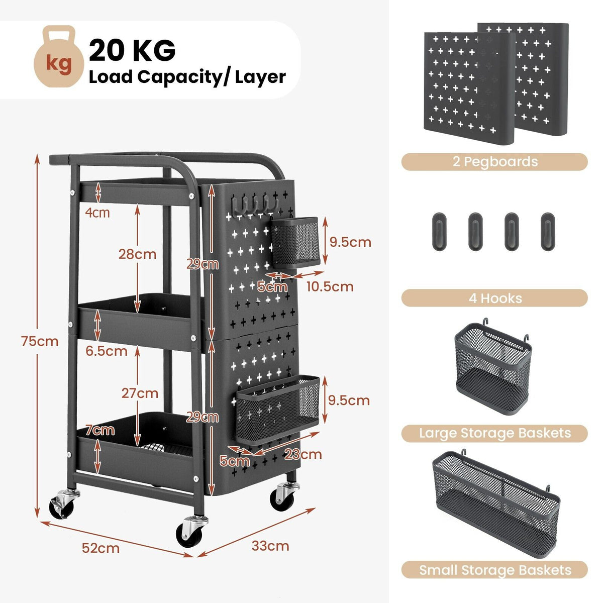 3-Tier Rolling Storage Organizer Cart with Dual DIY Pegboards-Gray