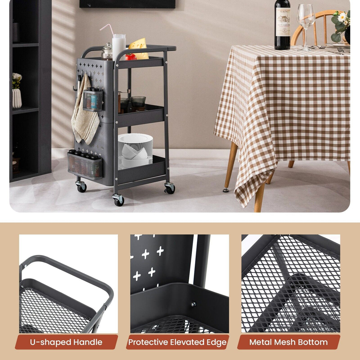 3-Tier Rolling Storage Organizer Cart with Dual DIY Pegboards-Gray