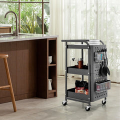 3-Tier Rolling Storage Organizer Cart with Dual DIY Pegboards-Gray