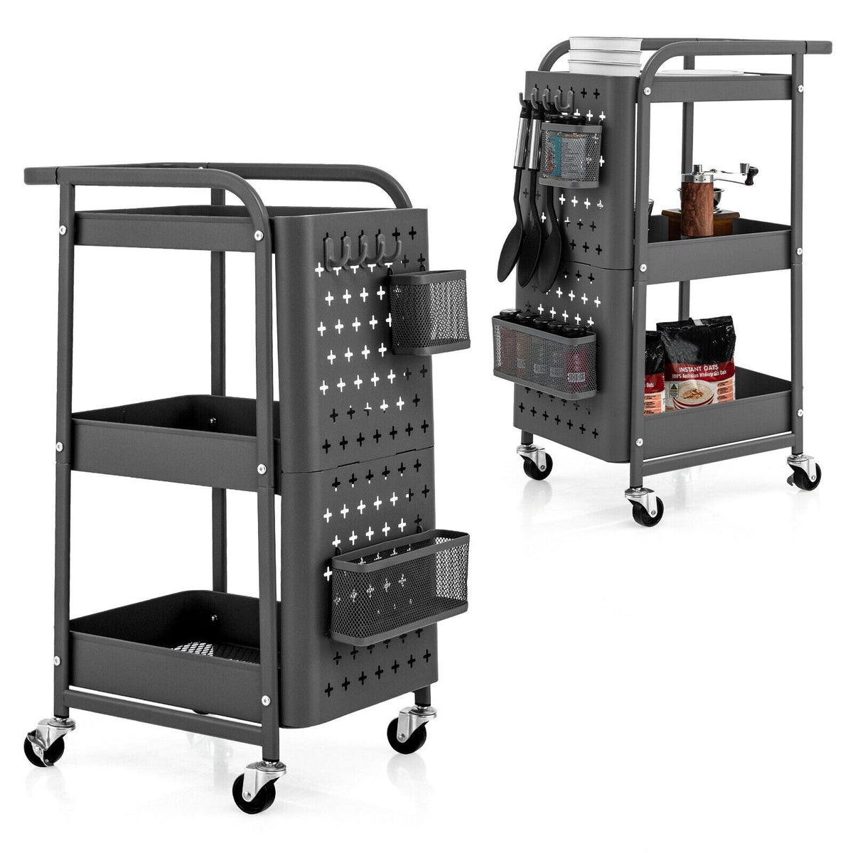 3-Tier Rolling Storage Organizer Cart with Dual DIY Pegboards-Gray