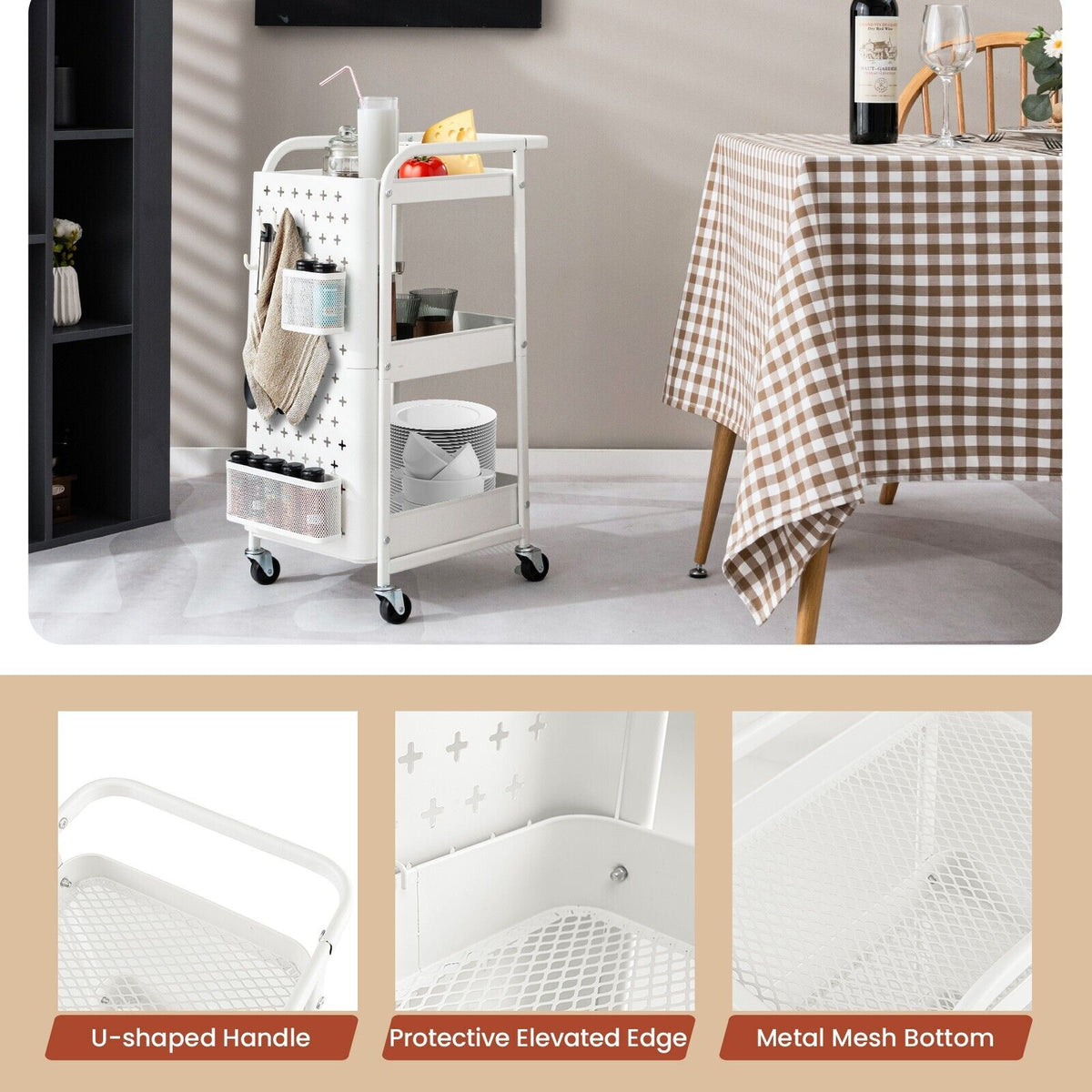 3-Tier Rolling Storage Organizer Cart with Dual DIY Pegboards-White