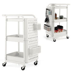 3-Tier Rolling Storage Organizer Cart with Dual DIY Pegboards-White