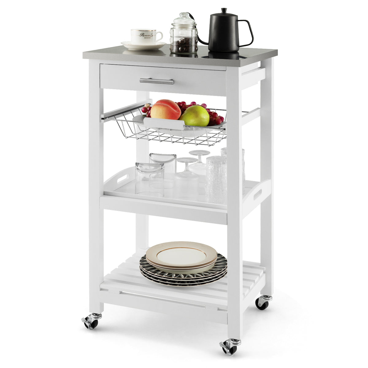 4-Tier Rolling Trolley Cart with Lock Wheels Basket and Drawer-White