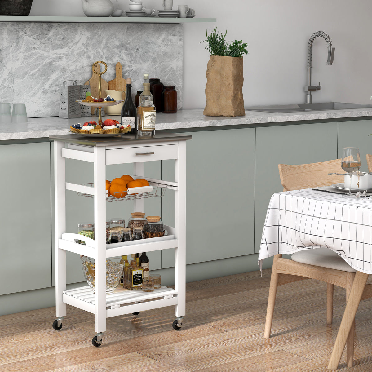 4-Tier Rolling Trolley Cart with Lock Wheels Basket and Drawer-White