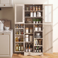 Kitchen Pantry Storage Cabinet with Glass Doors and Storage Shelves-Natrual