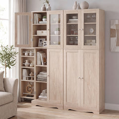 Two of the storage cabinets placed side by side in a living room with open and closed doors