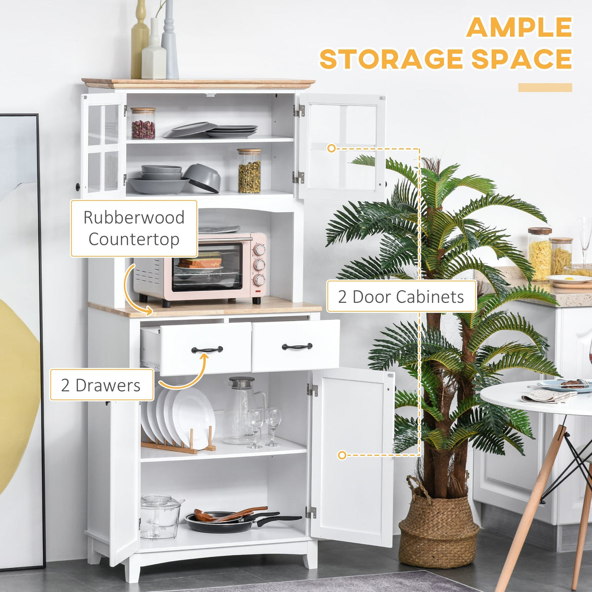 HOMCOM Freestanding Kitchen Cupboard, Kitchen Storage Cabinet with Framed Glass Doors, 2 Drawers, Microwave Counter, 172cm, White