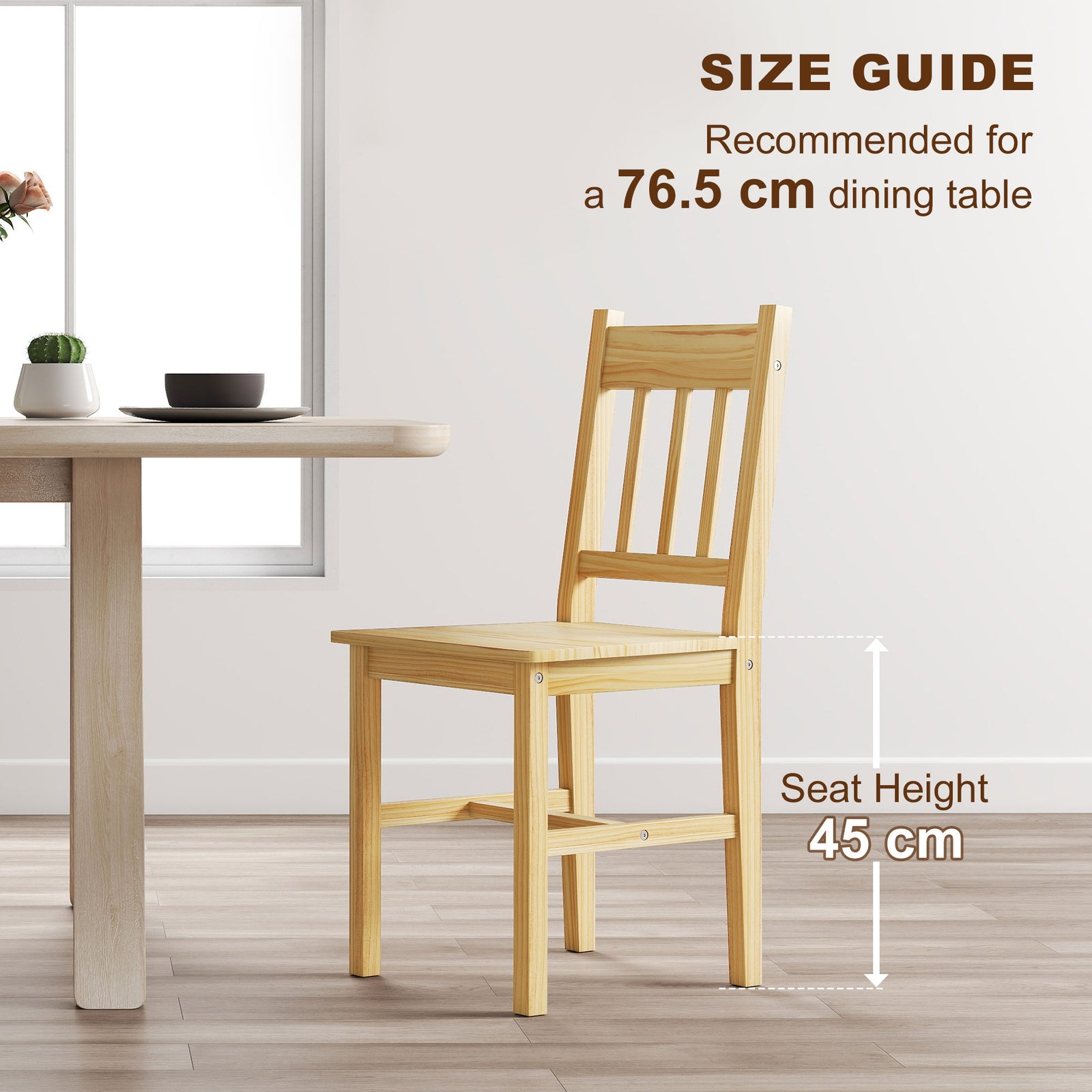 HOMCOM Dining Chairs Set of 2, Kitchen Chair with Slat Back, Pine Wood Structure for Living Room and Dining Room, Natural
