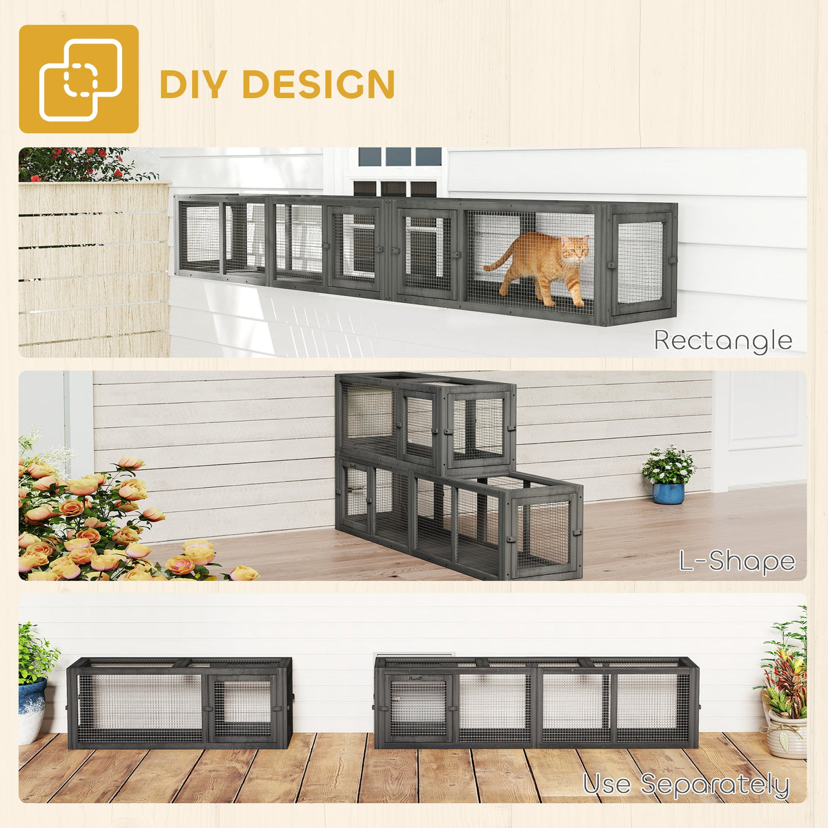 PawHut Cat Tunnel, 250cm Extra Long Wooden Cat Play Tunnel with 8 Doors, L-shape/Rectangle, Outdoor Cat Enclosure, Dark Grey