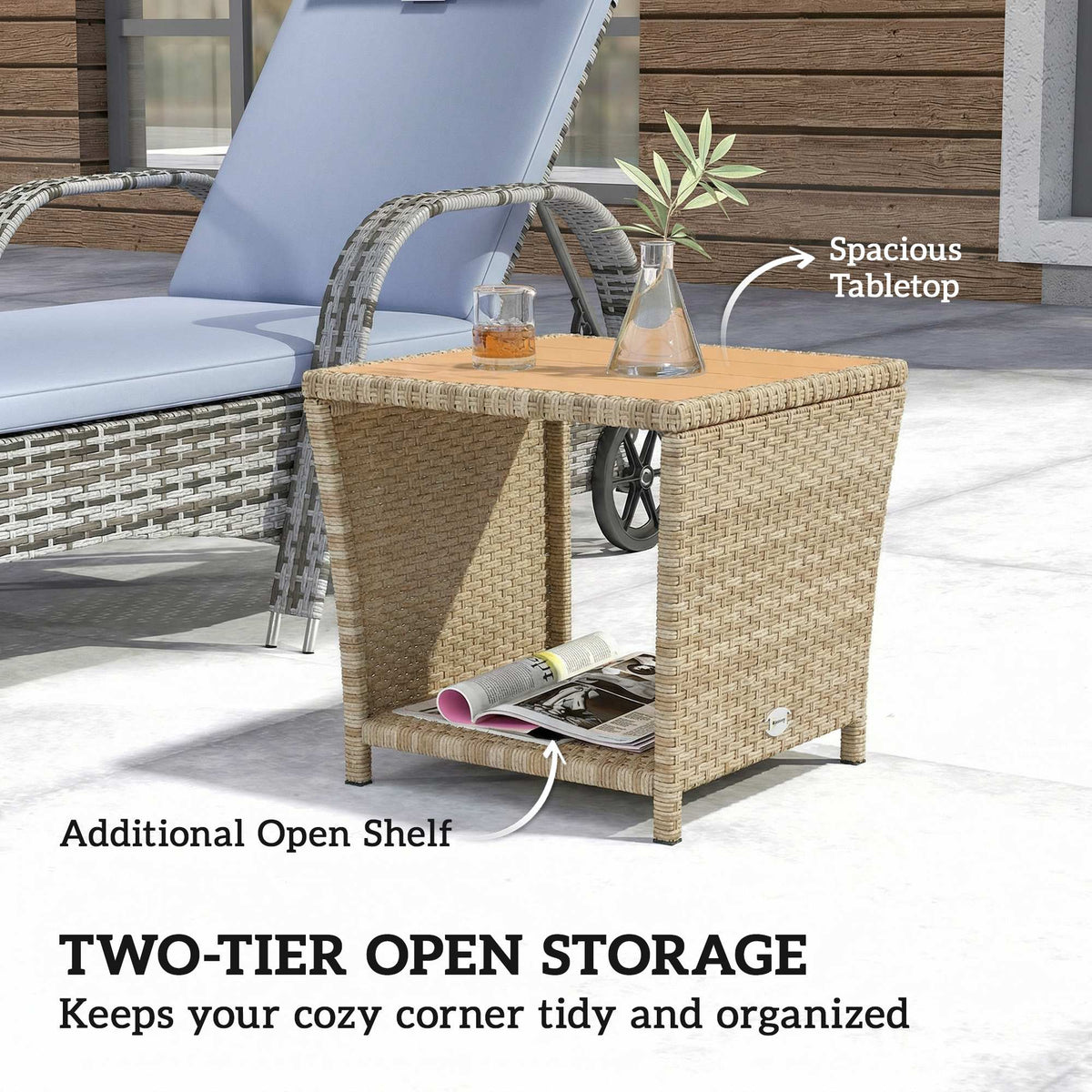 Outsunny Side Table 2-Tier Outdoor Coffee Table with Storage Shelf PS Wood Slat Top/Khaki