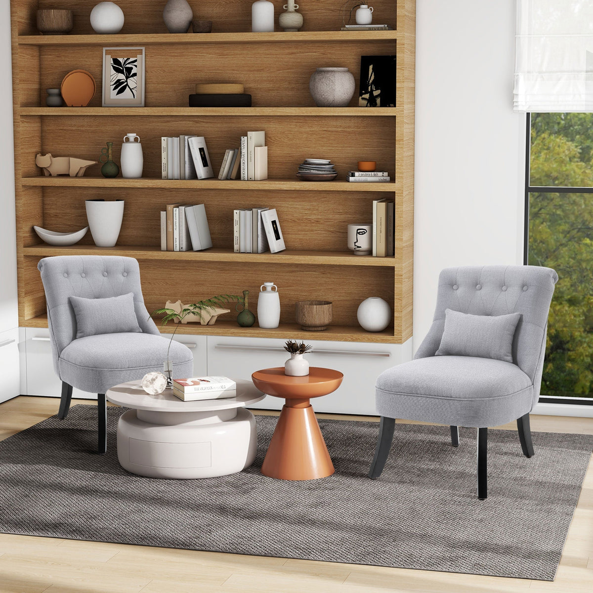 HOMCOM Tub Chair, Armless Single Sofa, Modern Button Tufted Armchair, Upholstered Linen Fabric Longue Accent Chair for Living Room, Bedroom, Set of 2, Grey