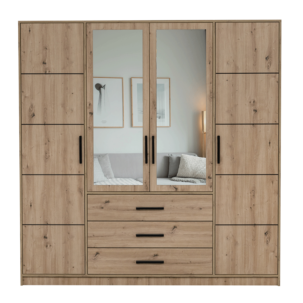 Oak Artisan Mirrored Hinged Door Wardrobe 196cm – TELFORD D4
