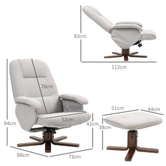 HOMCOM Linen Swivel Recliner Chair with Footstool, Upholstered Reclining Armchair with Wooden Base for Living Room, Light Grey