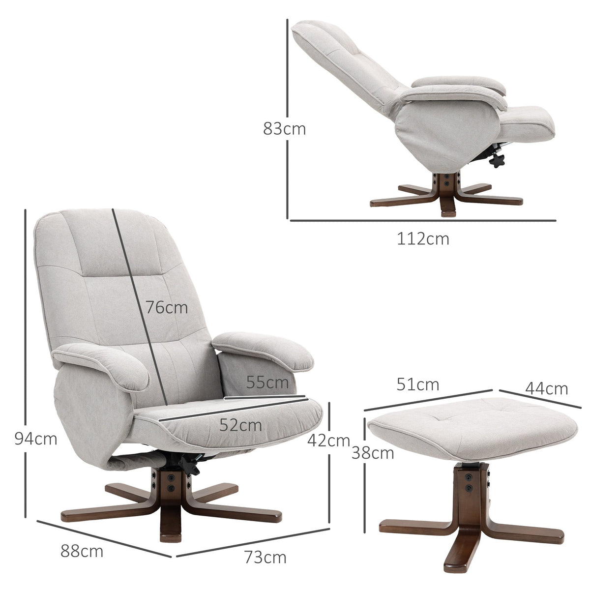 HOMCOM Linen Swivel Recliner Chair with Footstool, Upholstered Reclining Armchair with Wooden Base for Living Room, Light Grey
