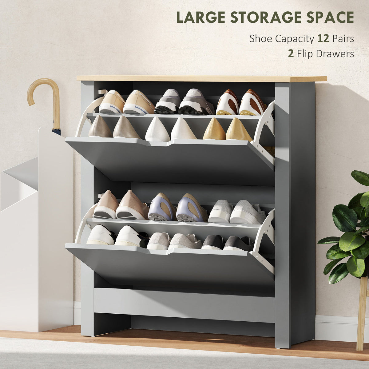 HOMCOM Slim Shoe Cabinet, Narrow Shoe Cupboard with 2 Flip Drawers, Adjustable Shelves for 12 Pairs of Shoes, Light Grey