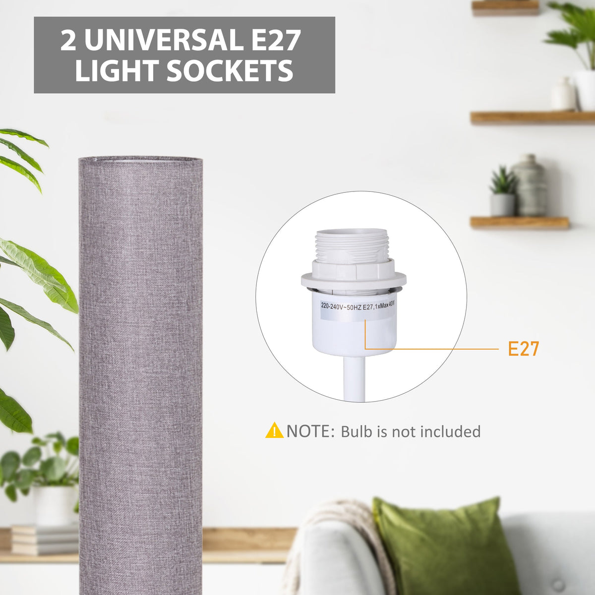 HOMCOM Floor Lamp for Living Room, 47" Modern Standing Lamp with Linen Shade, Wooden Base, Grey