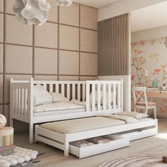 The kids single bed shown with the trundle pulled out to reveal an extra sleeping space