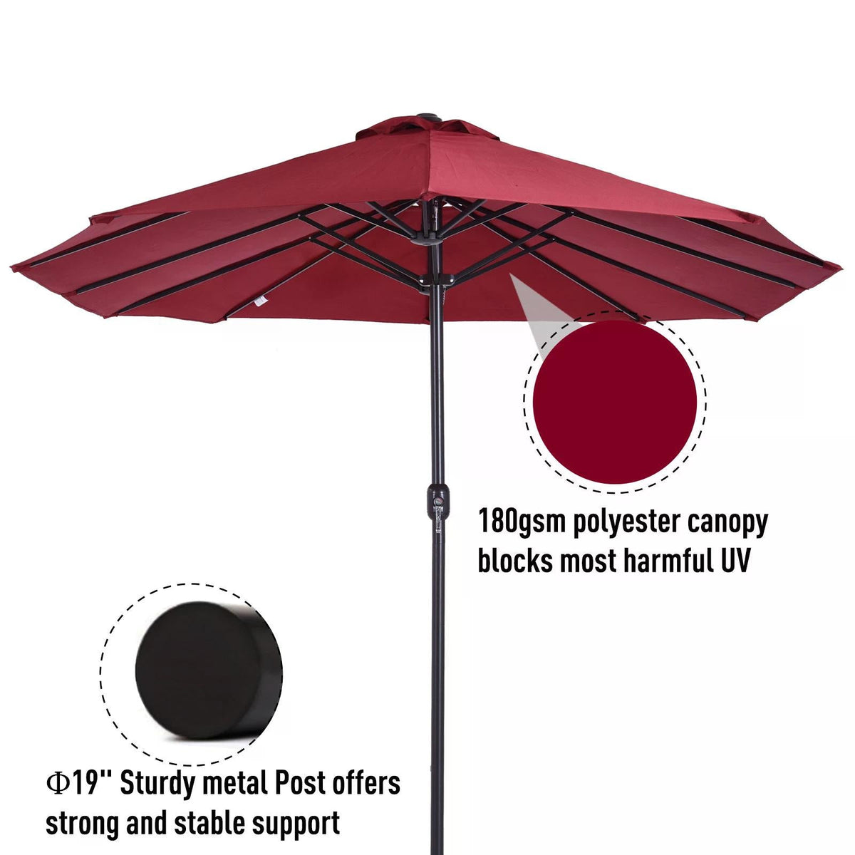 Outsunny 4.6m Double-Sided Patio Parasol Sun Umbrella-Wine Red