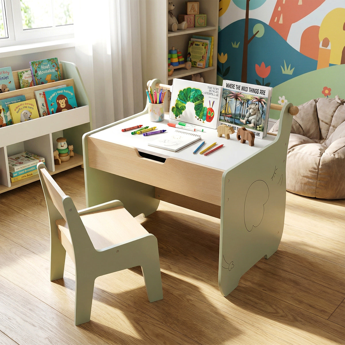 Kids Art Table and Chair Set with Paper Roll for Drawing-Green