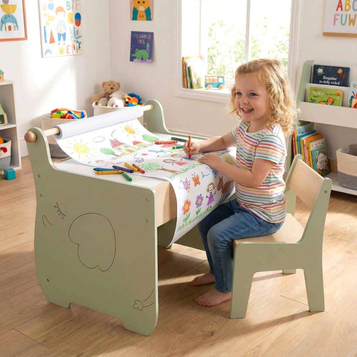 Kids Art Table and Chair Set with Paper Roll for Drawing-Green