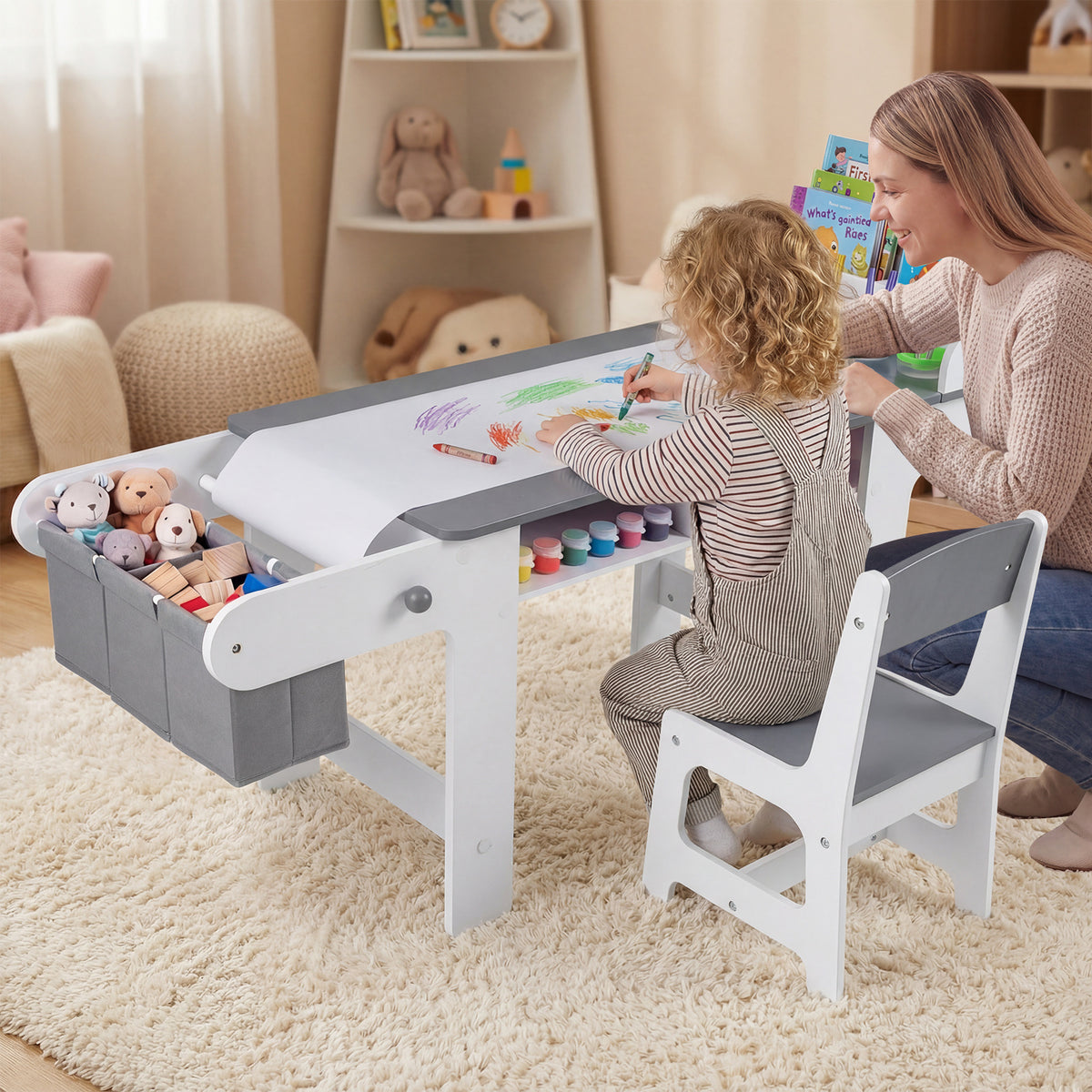 Kids Art Table with Paper Roll and Fabric Bins for Drawing Reading and Playing-Grey