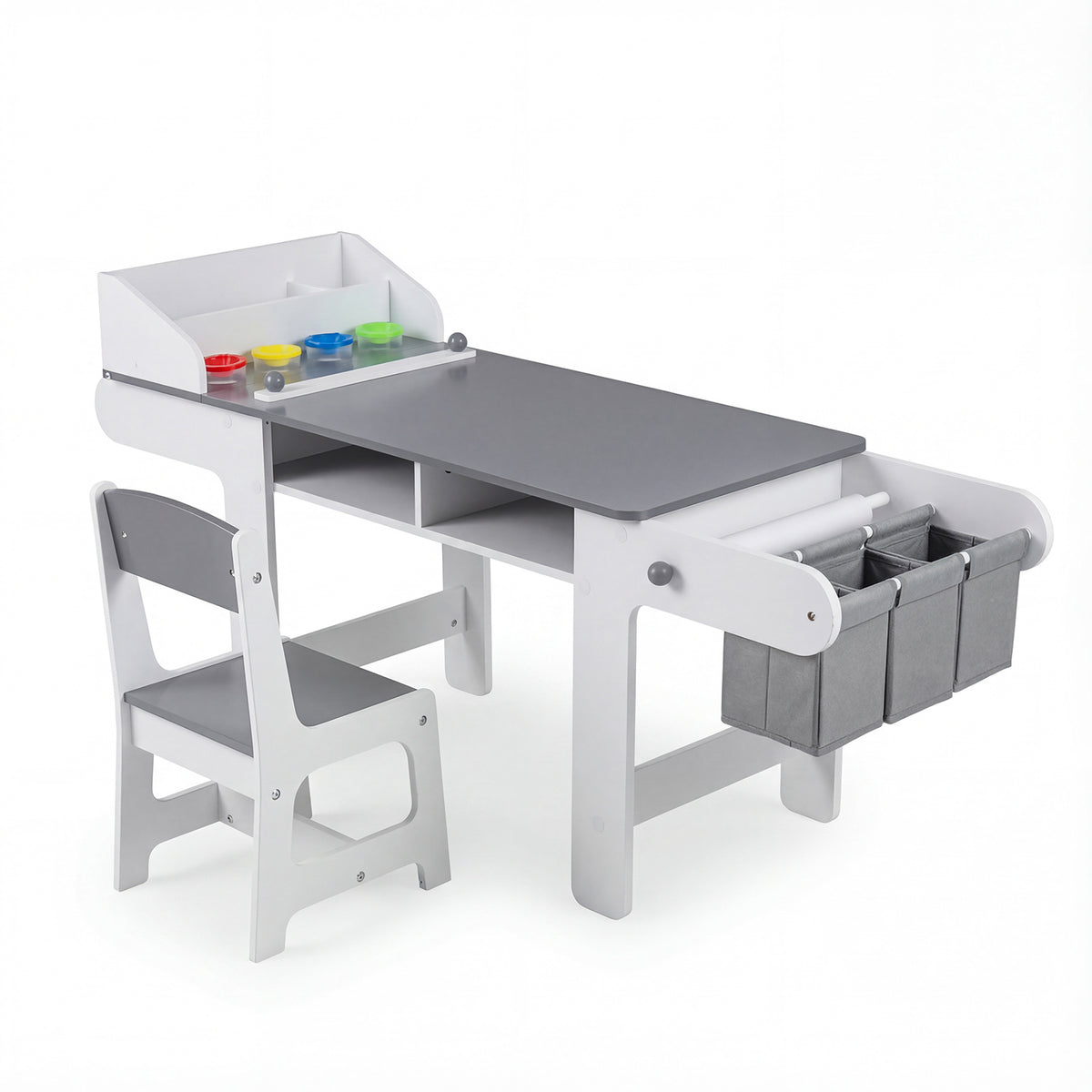 Kids Art Table with Paper Roll and Fabric Bins for Drawing Reading and Playing-Grey
