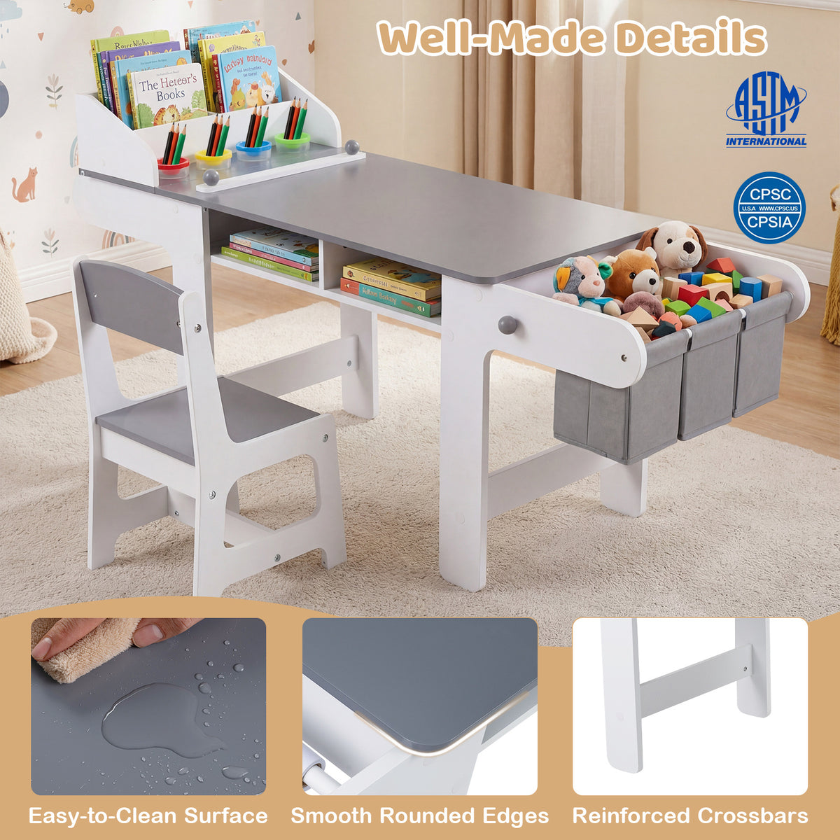 Kids Art Table with Paper Roll and Fabric Bins for Drawing Reading and Playing-Grey