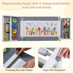 Kids Art Table with Paper Roll and Fabric Bins for Drawing Reading and Playing-Grey