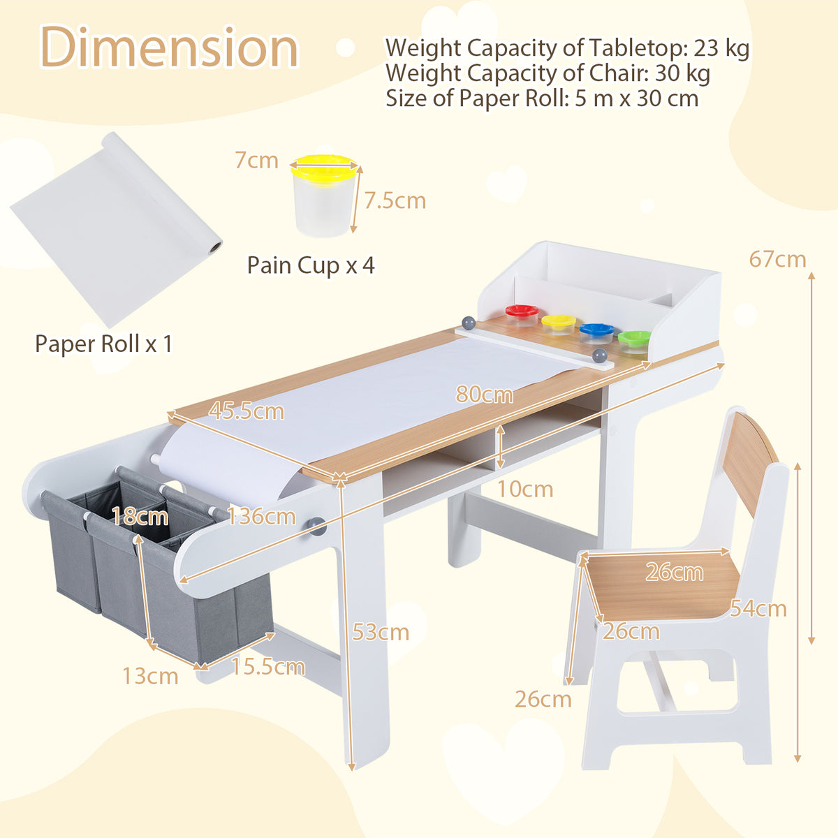 Kids Art Table with Paper Roll and Fabric Bins for Drawing Reading and Playing-Natural