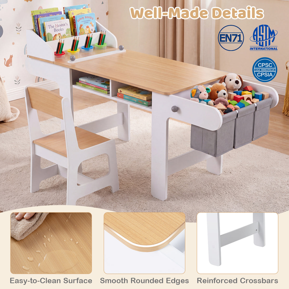 Kids Art Table with Paper Roll and Fabric Bins for Drawing Reading and Playing-Natural