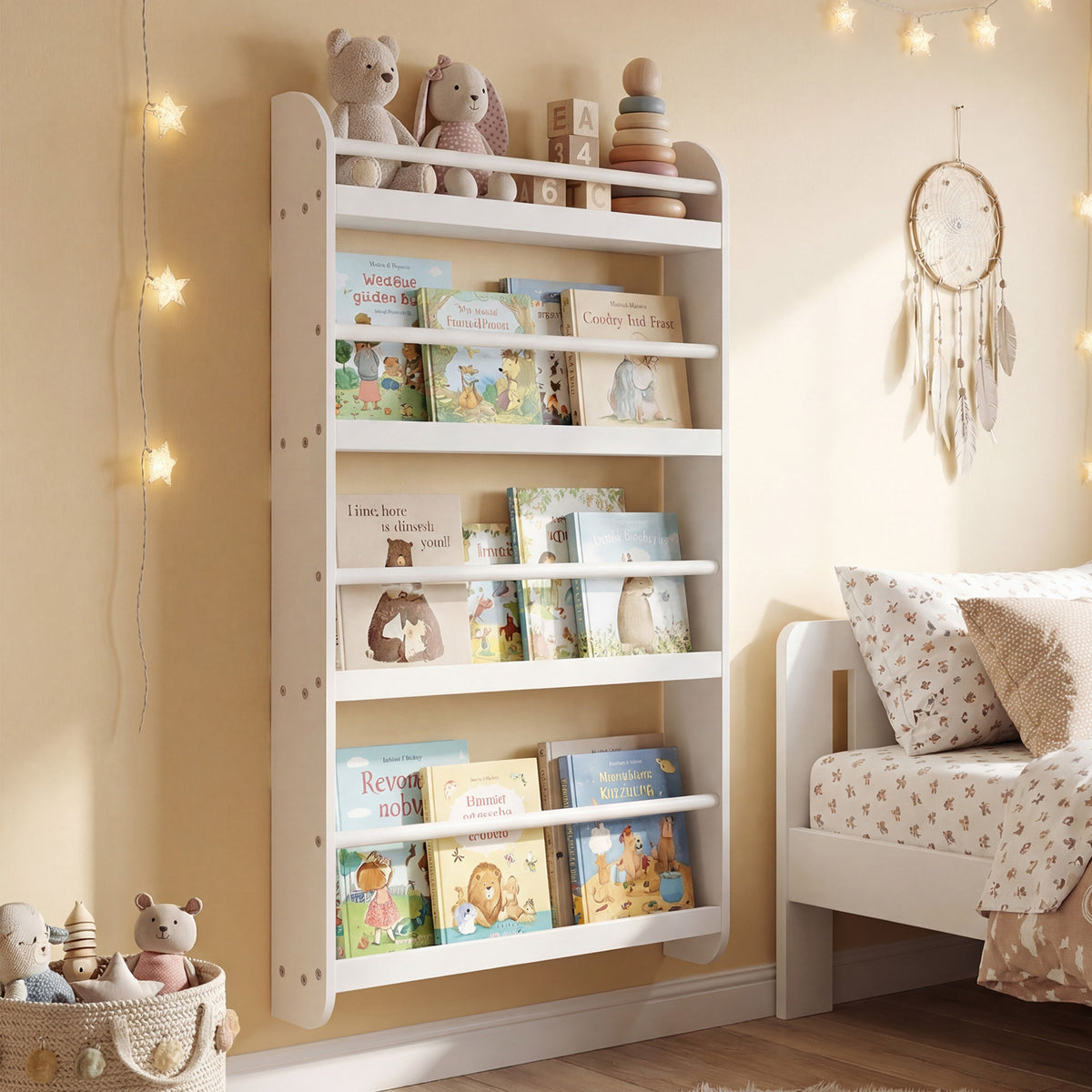 Kids Bookshelf 4-Tier Wall Mounted Book Shelf for Toys and Books-White