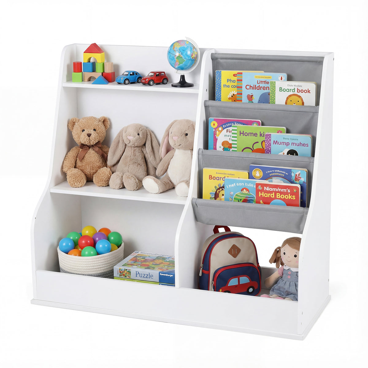 Kids Bookshelf 80 CM Wooden Toy Storage Organizer with 3 Tiers of Fabric Pockets-White