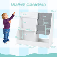 Kids Bookshelf 80 CM Wooden Toy Storage Organizer with 3 Tiers of Fabric Pockets-White