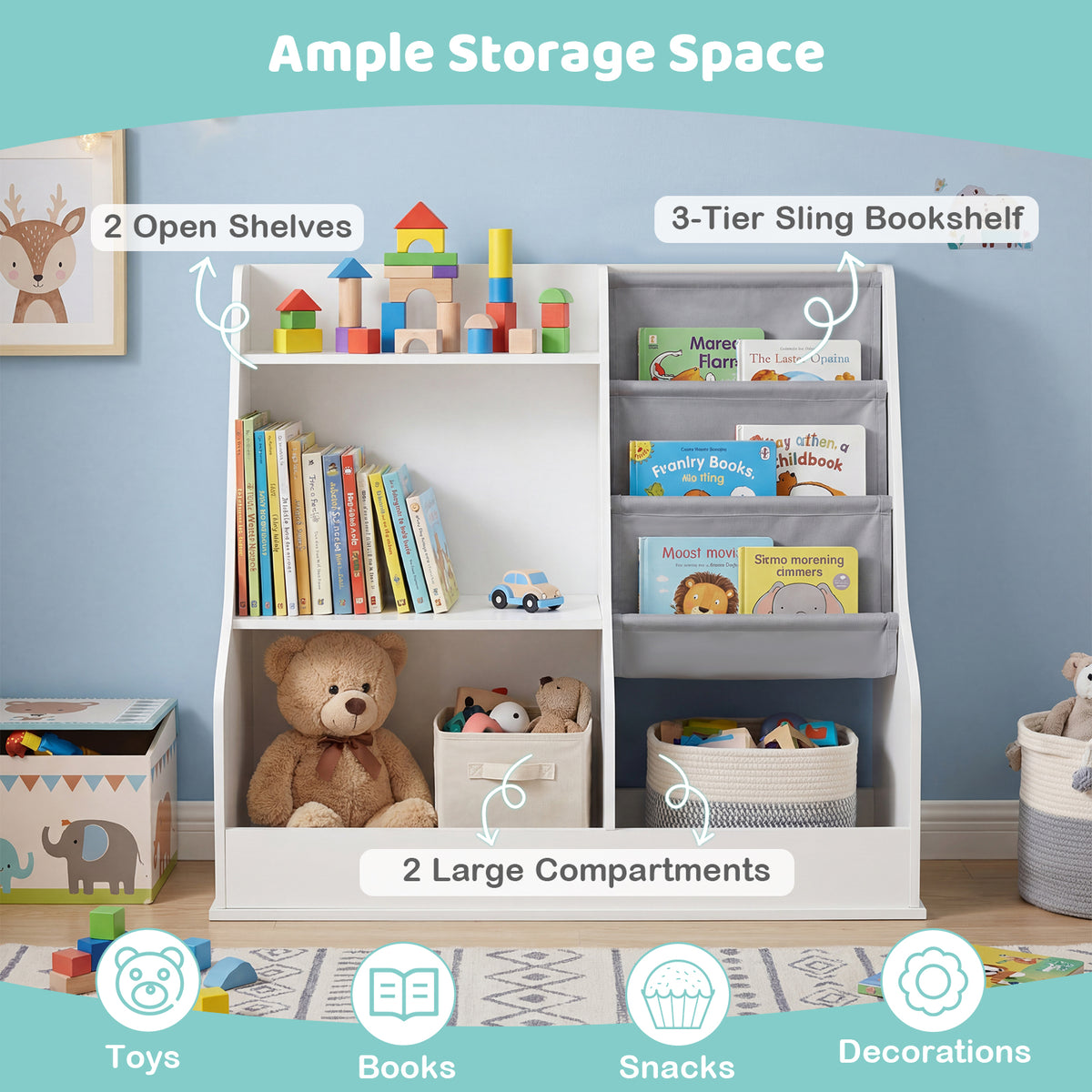 Kids Bookshelf 80 CM Wooden Toy Storage Organizer with 3 Tiers of Fabric Pockets-White