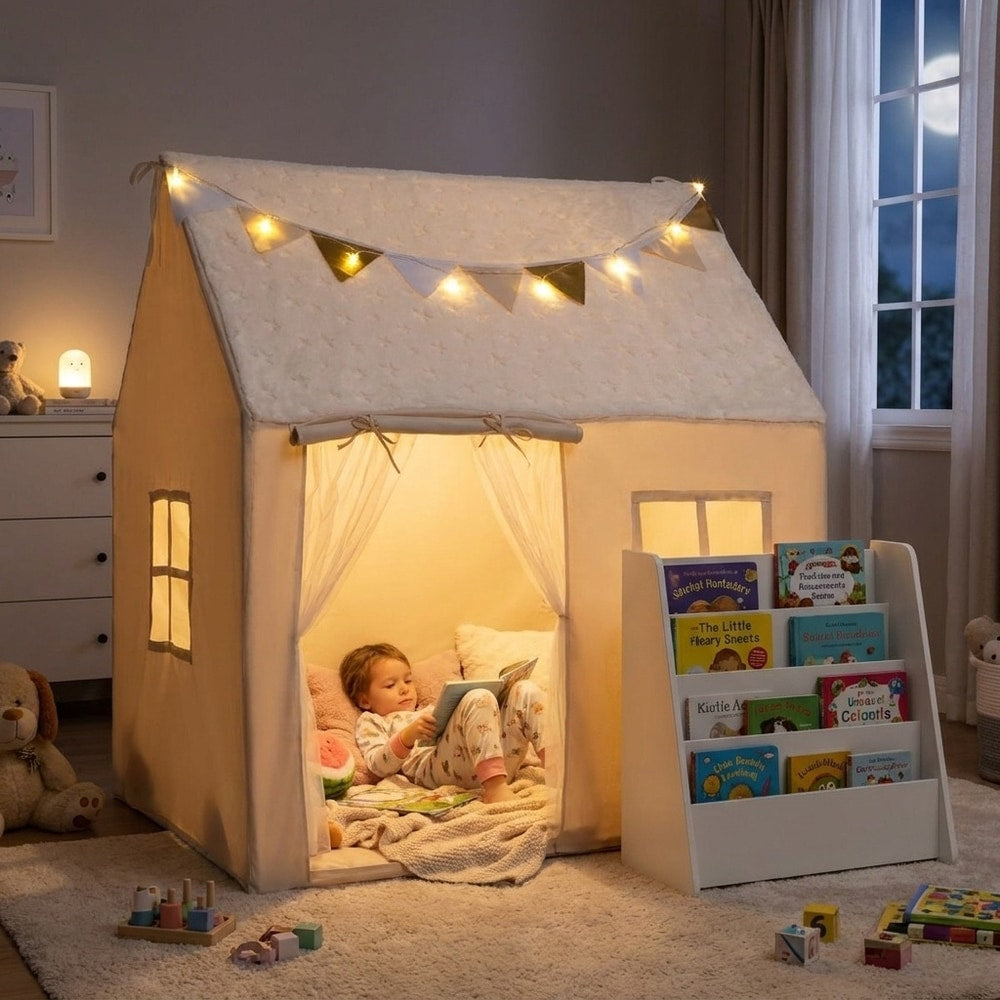 The playhouse and bookshelf in a bedroom at night with the star lights glowing and a child reading