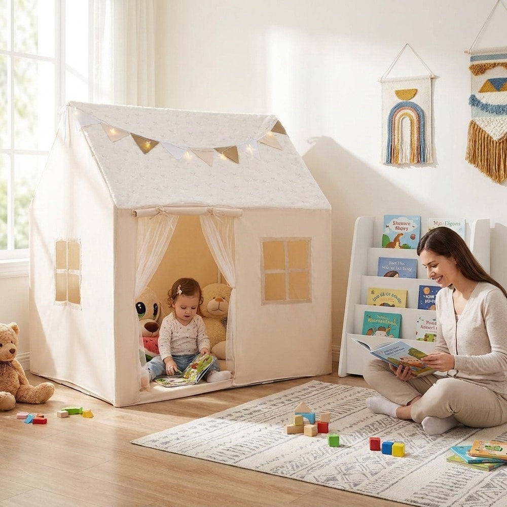 The playhouse and bookshelf in a bright room with a mother and child reading books together